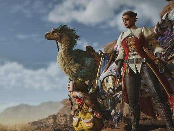 Monster Hunter Wilds. Player, Palico, and Seikret standing next to each other