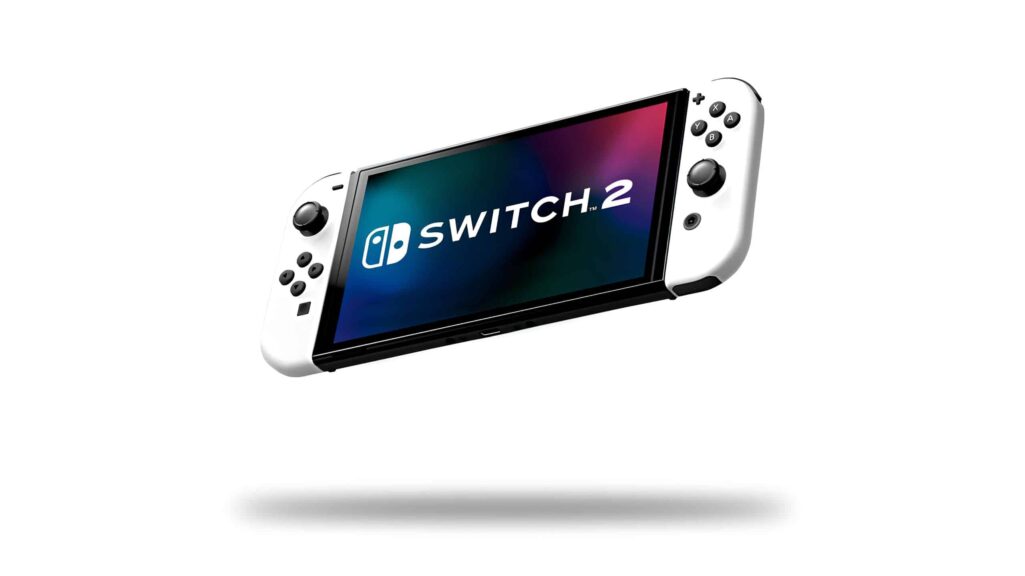 Nintendo Switch 2 concept hovering in mid-air with a white background, displaying the Nintendo Switch 2 logo on the screen, showcasing a sleek design for the upcoming console.