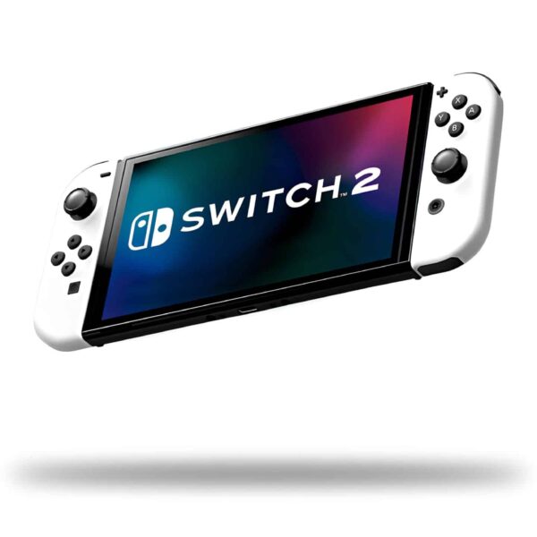 Nintendo Switch 2 concept hovering in mid-air with a white background, displaying the Nintendo Switch 2 logo on the screen, showcasing a sleek design for the upcoming console.