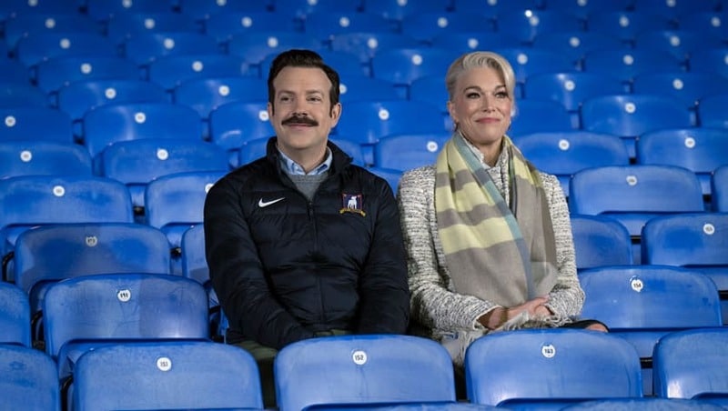 Jason Sudeikis and Hannah Waddingham in Ted Lasso, whose Ted Lasso season 4 songs are listed by episode here. Photo courtesy of Apple TV.