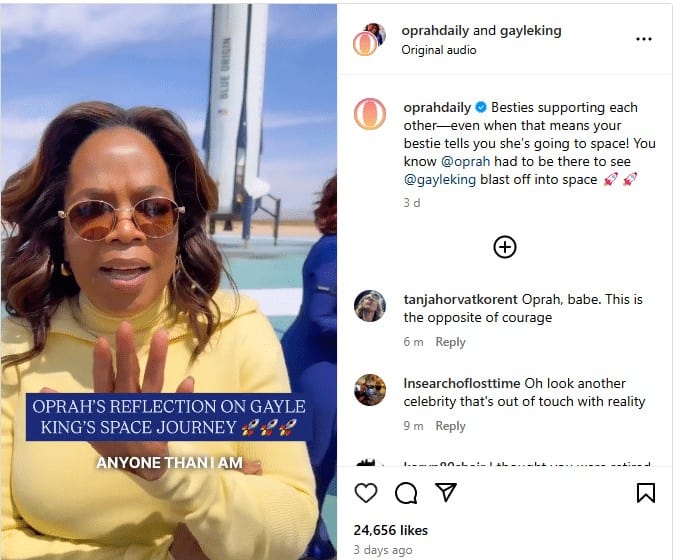 Image of Oprah talking about Gayle King's Space Journey. Courtesy: Instagram Live.