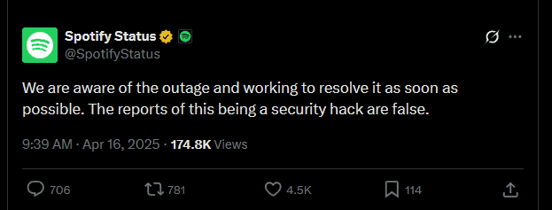 Spotify Status post on X