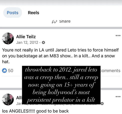 Instagram post from Allie Teilz about Jared Leto