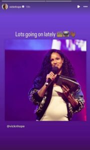 Vick Hope sporting baby bump in Instagram story