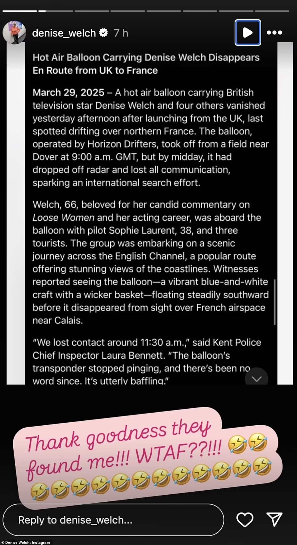 Denise Welch social media post via her instagram