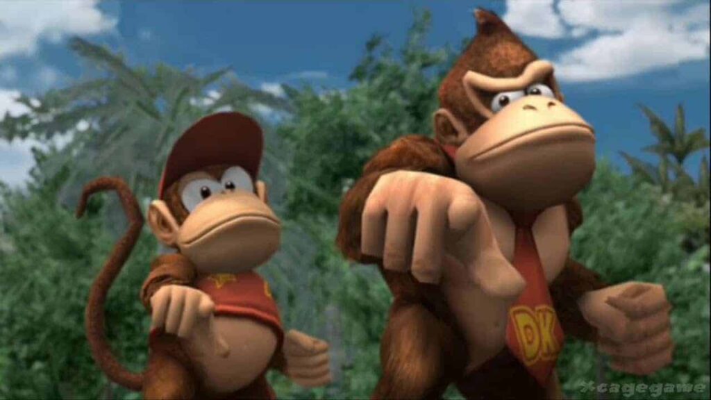 Donkey Kong Bananza Diddy Kong and Donkey Kong pointing towards the viewer.