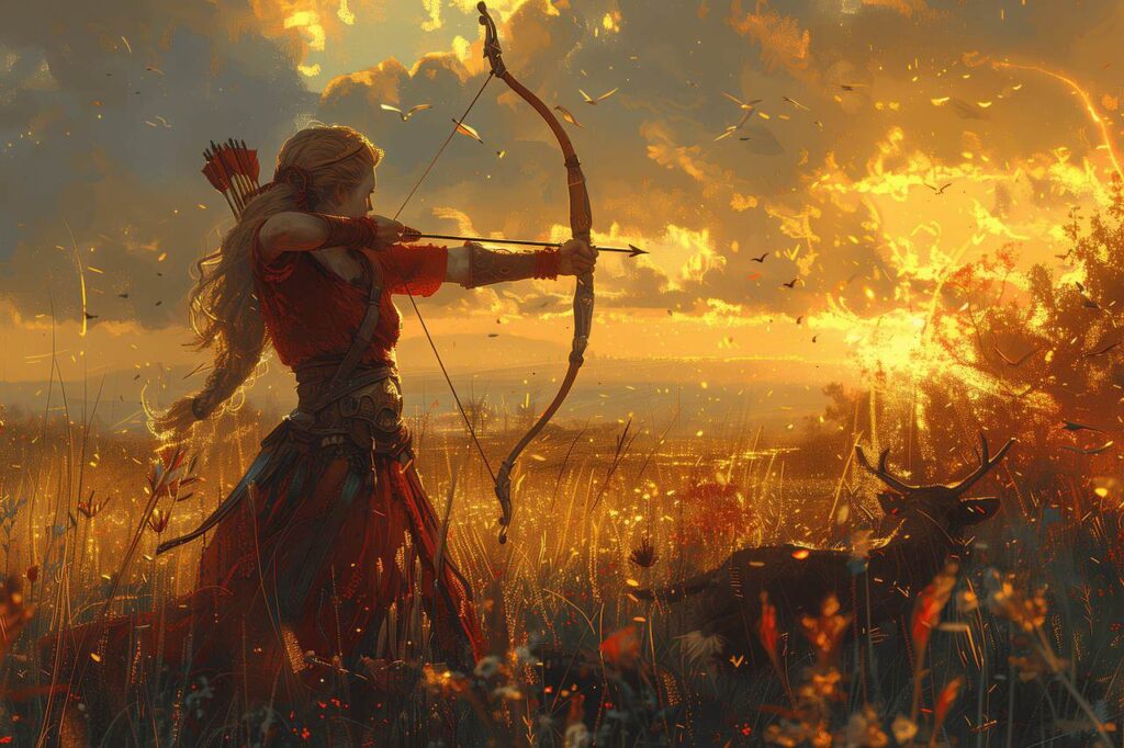 woman bow and arrow sunset
