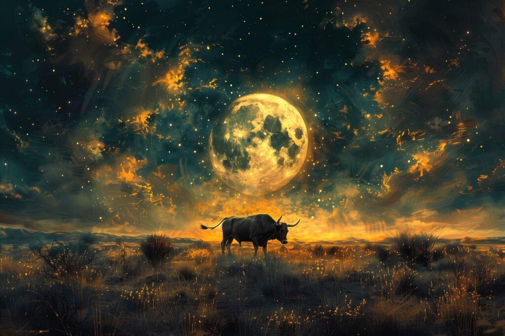 bull grazing full moon