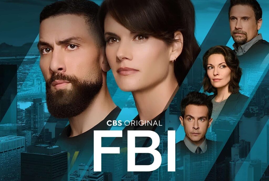 Screenshotted promotional image of the five main cast members of Dick Wolf, FBI TV Show on CBS and paramount plus.