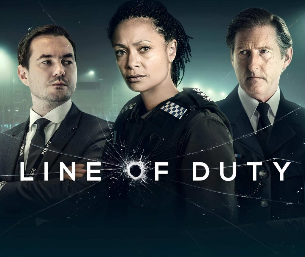 UK TV Show Line of Duty Promotional image screenshotted from britbox app with three cast members at the front