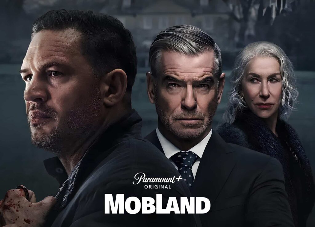 Screenshotted promotional image of the three main cast members of Mobland Helen Mirren, Pierce Brosnan, and Tom Hardy