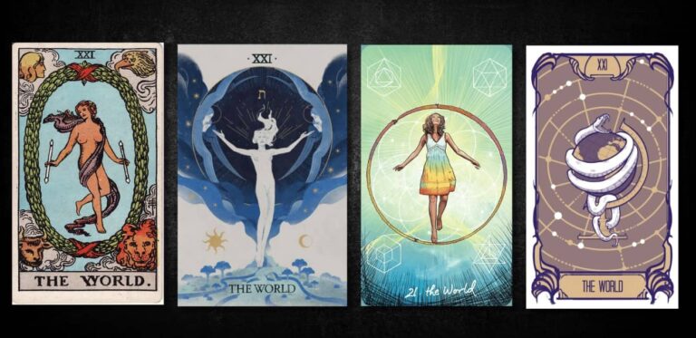 The World, as found in: Rider Waite, Comparative Tarot Lightseers Tarot, Thomas Hugo Tarot