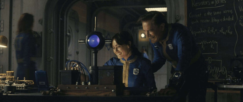 A character in Power Armor from the Fallout TV series, a popular science fiction show set after the disaster.