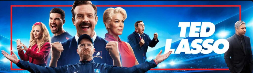 Ted Lasso Season 3 promotional art featuring the main cast, a popular Apple TV+ show known for its heartwarming comedy.
