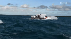 The Titan submersible on the water, from the Netflix documentary about the Titan disaster.