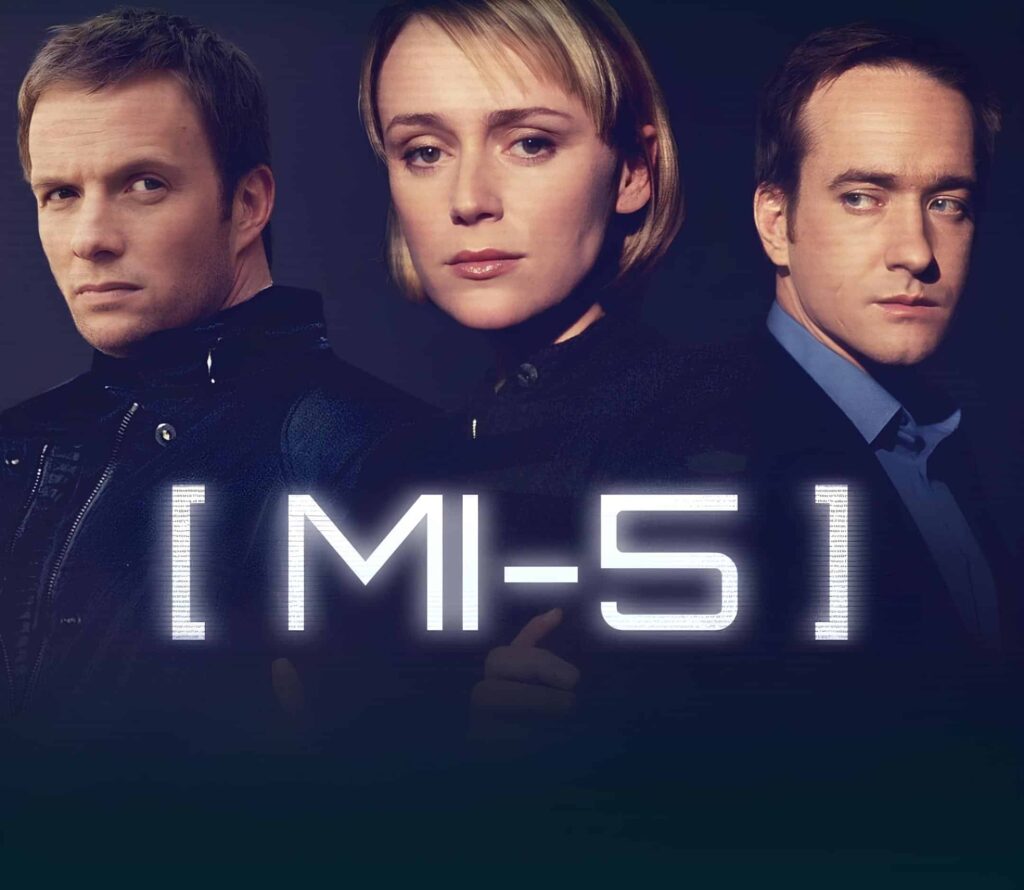 screenshot of UK based TV show, MI-5 with three main cast members at the forefront as a promotional image