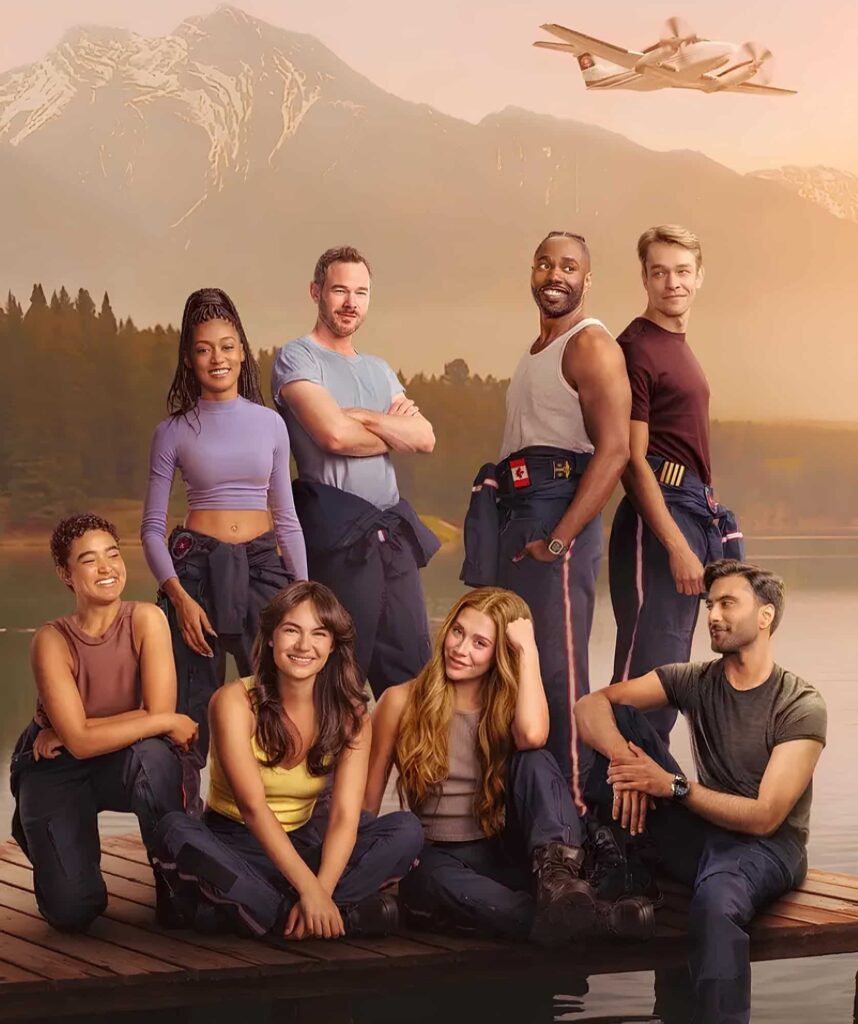 colorful promotional image screenshotted from paramount plus app with the SkyMed cast on a doc