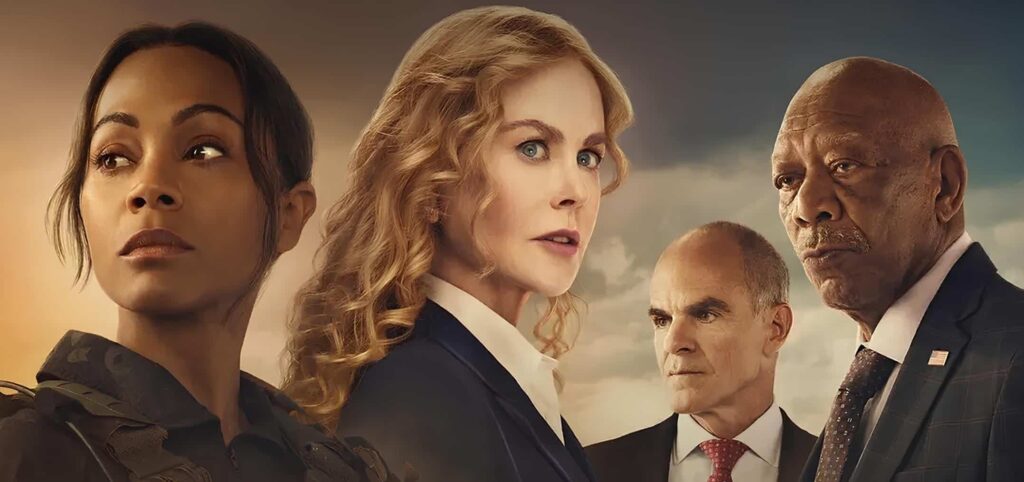 screenshotted promotional image for the paramount plus tv show special ops: lioness with Zoe Saldana, Morgan Freeman, and Nicole Kidman at the front