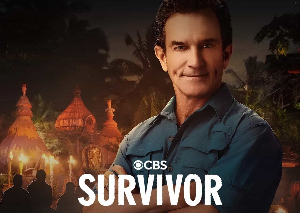 promotional image for the paramount plus and CBS TV show Survivor with host Jeff Probst at the forefront
