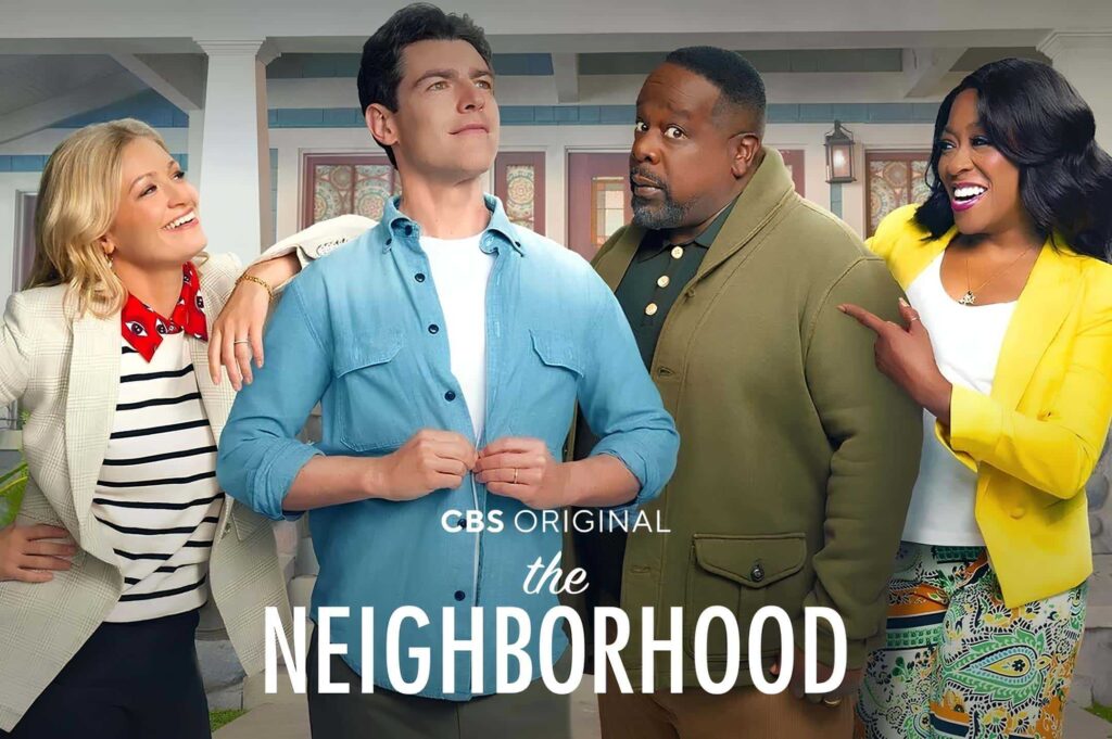 Screenshotted promotional image of the CBS and paramount plus tv show The Neighborhood with the four main cast members front and center