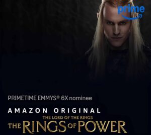 Promotional image for the amazon prime video tv show the Rings of Power with an elven character with long blonde hair.