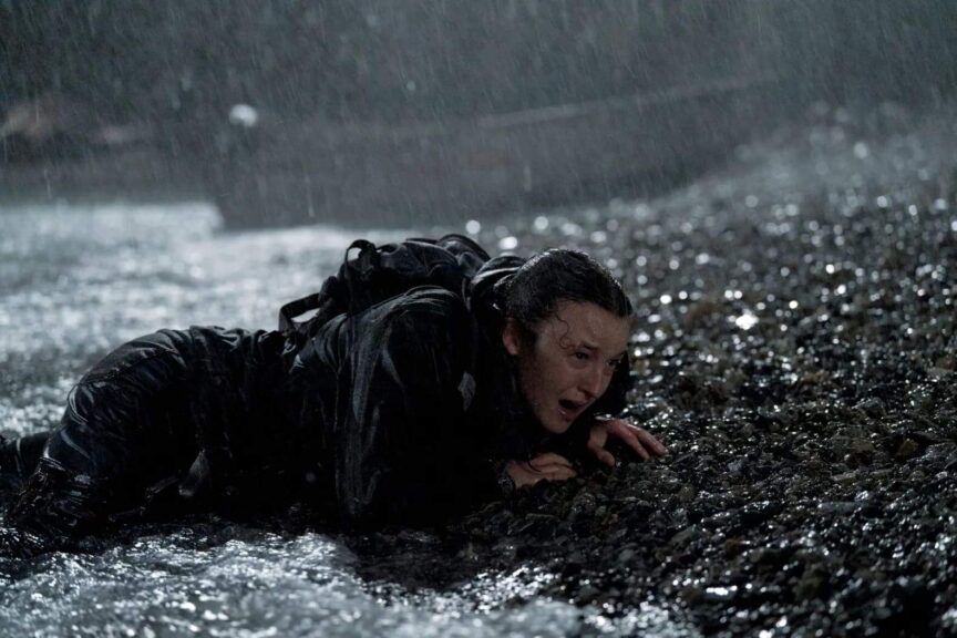 The Last of Us Season 2 Finale, Bella Ramsey as Ellie crawling up the Seraphite beach, Set Decorators Society of America Award winner