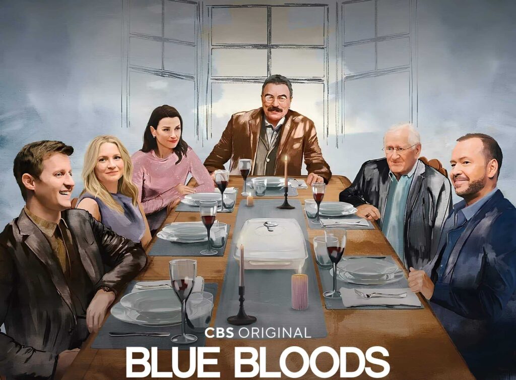Cartoon/animated image of the Reagan Family on Blue Bloods around a dinner table