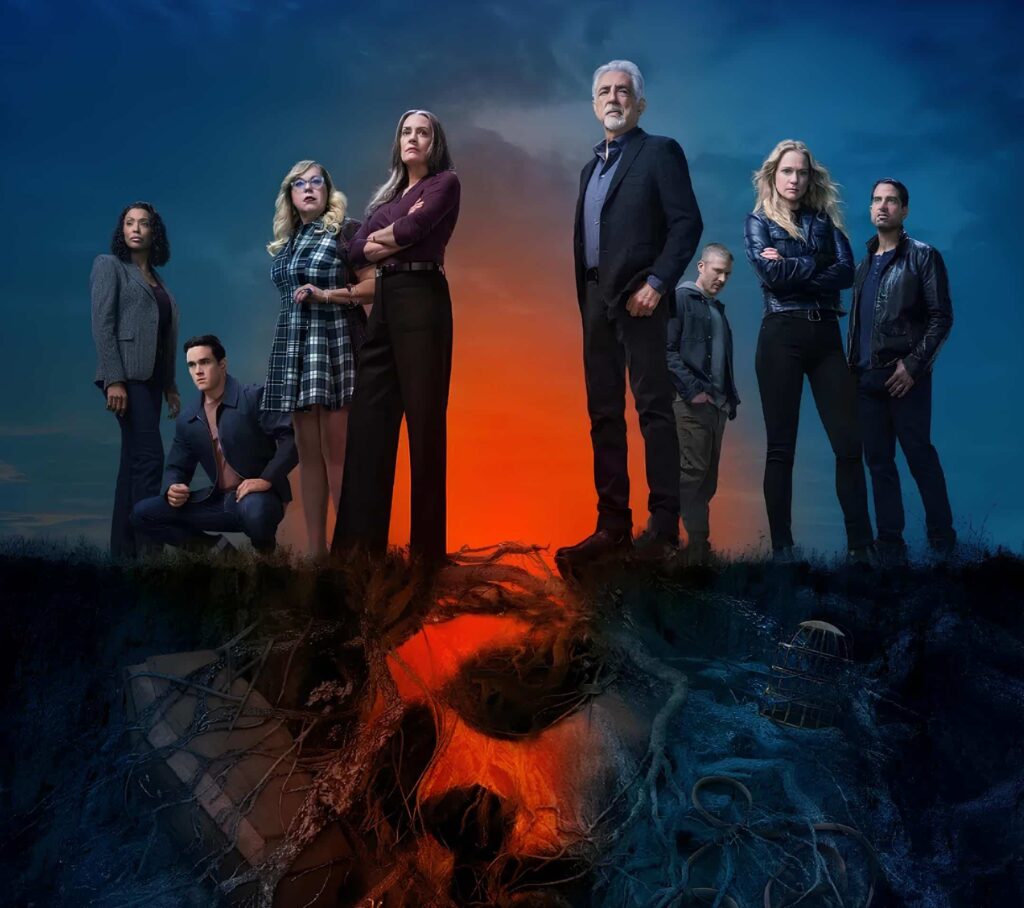 Promotional image from the paramount plus tv show criminal minds evolution with the six main cast members on a ridge