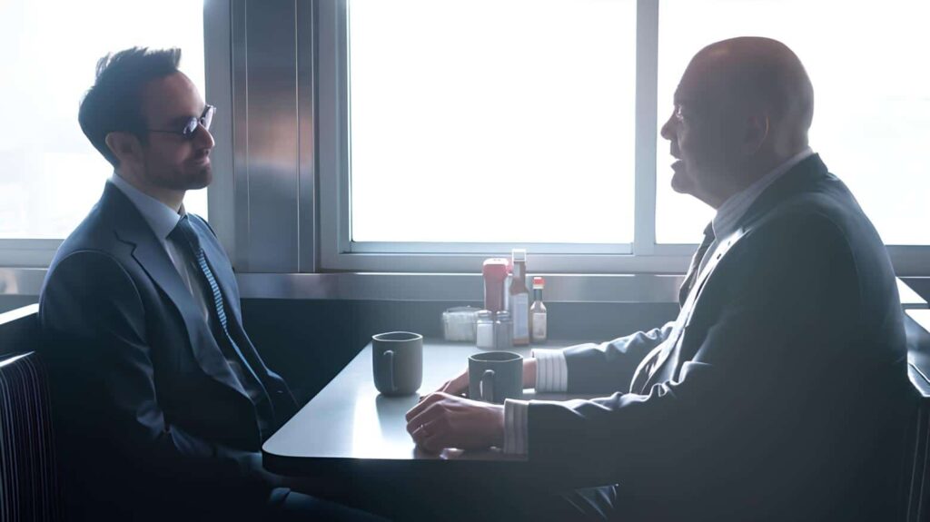 Matt Murdock played by Charlie Cox in a diner with Wilson Fisk played by Vincent D'Onofrio for Daredevil: Born Again
