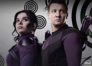Hawkeye promotional image from disney plus app with Jeremey Renner and Hailie Steinfeld