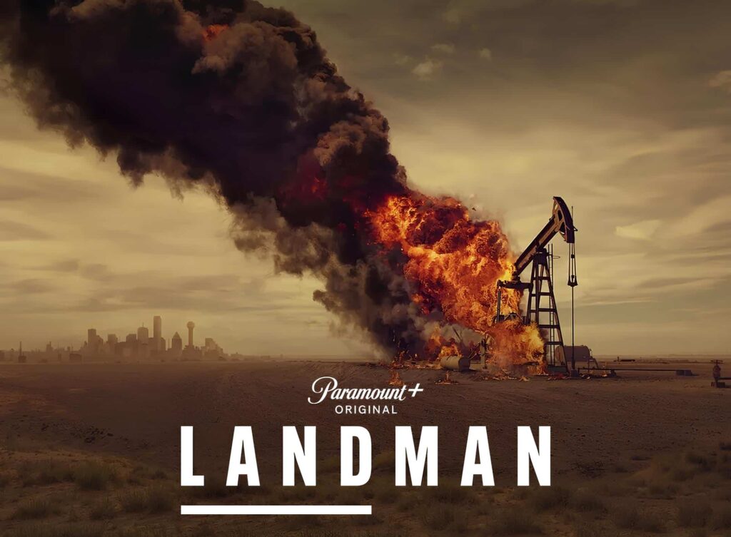 Landman promotional image of an oil field in the middle of nowhere, on fire.