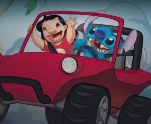 lilo and stitch the series promotional image with the two in a red jeep with their hands up