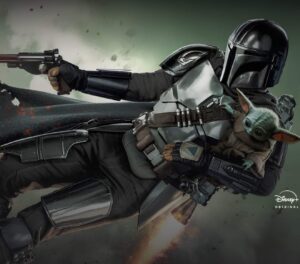 Promotional image screenshotted from disney plus app with pedro pascal as the mandalorian holding grogu and a blaster