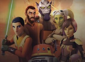 Star Wars Rebels promotional image screenshotted from Disney Plus app with each main character on the cover