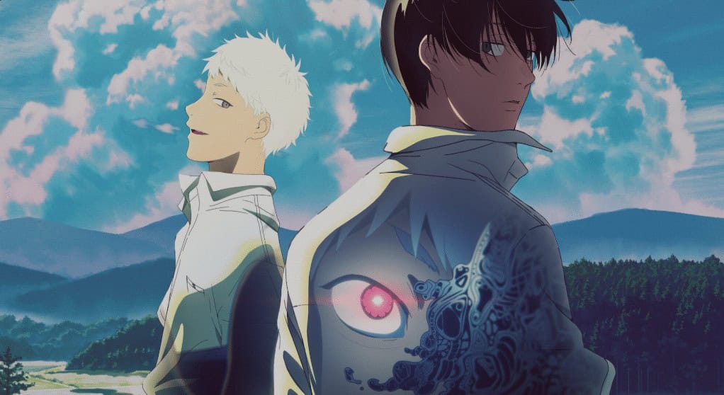 Yoshiki and Hikaru from The Summer Hikaru Died, with Hikaru showing a transformed eye on his jacket.