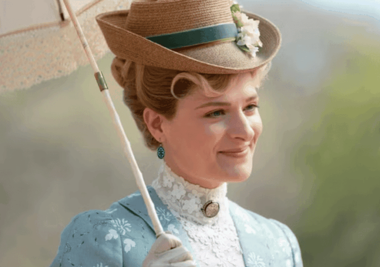close-up of Marian, smiling, with a garden in the background