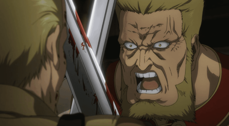 A fierce fight with Thorfin from Vinland Saga, with a man screaming, holding a blood-stained sword.