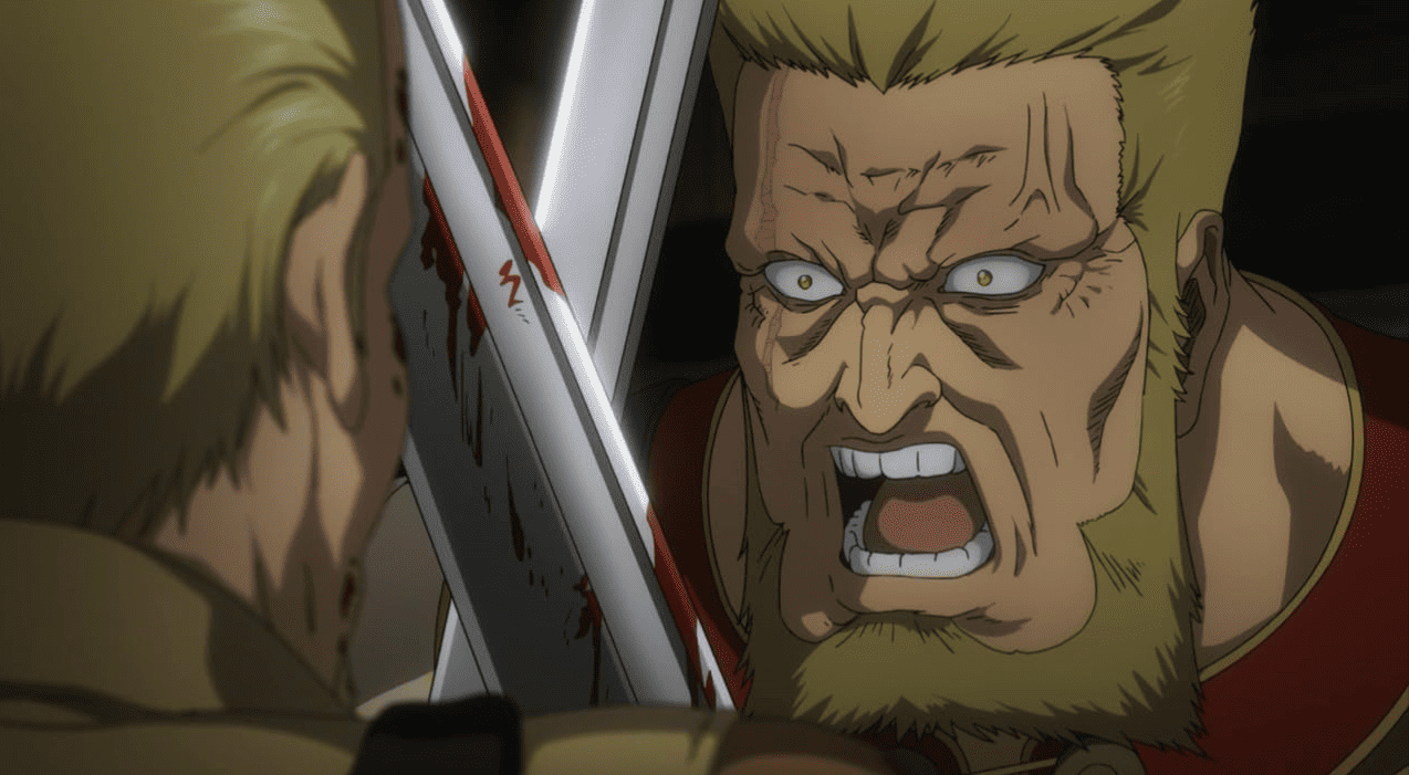 A fierce fight with Thorfin from Vinland Saga, with a man screaming, holding a blood-stained sword.