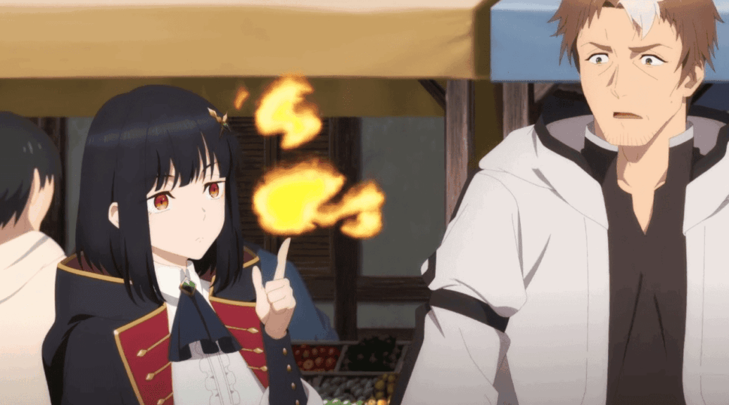 Two faces from the anime 'From Old Country Bumpkin to Master Swordsman': one young man and one older man with glowing eyes.
