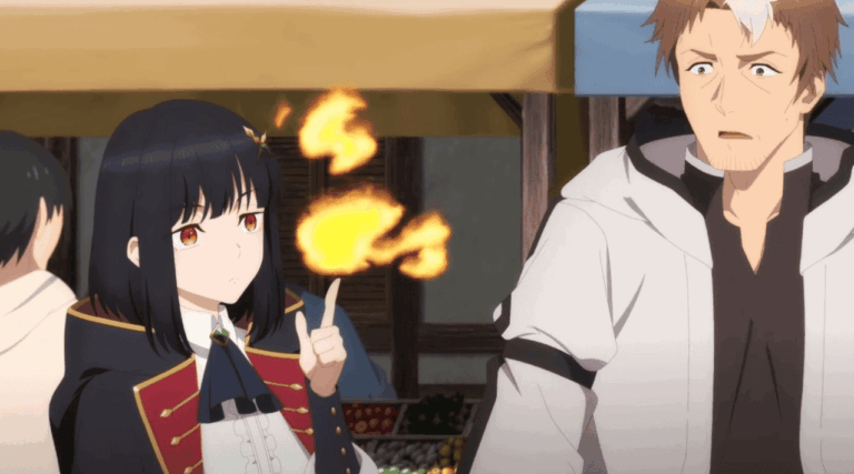 Two faces from the anime 'From Old Country Bumpkin to Master Swordsman': one young man and one older man with glowing eyes.