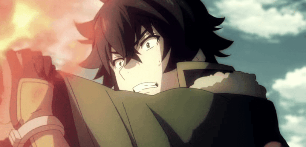 Naofumi, the Shield Hero, looks angry and shouts in a close-up from the anime.
