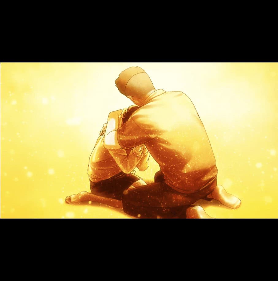 Witch Watch Episode 9. Dear Kara. The young woman Kara kneels on the floor with her father embracing her.