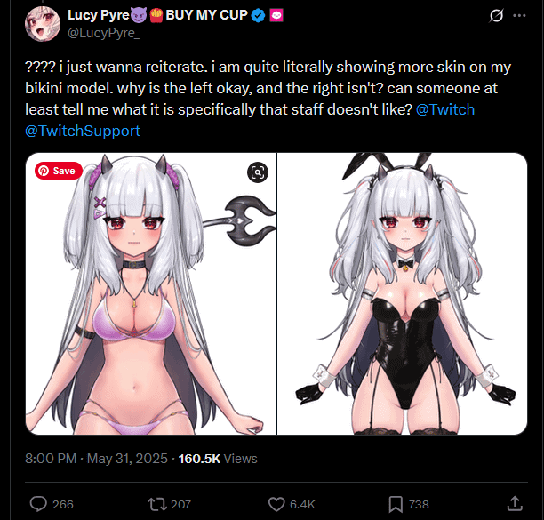 X.com post from Vtuber showing comparison of previous outfit to the one that got her banned.