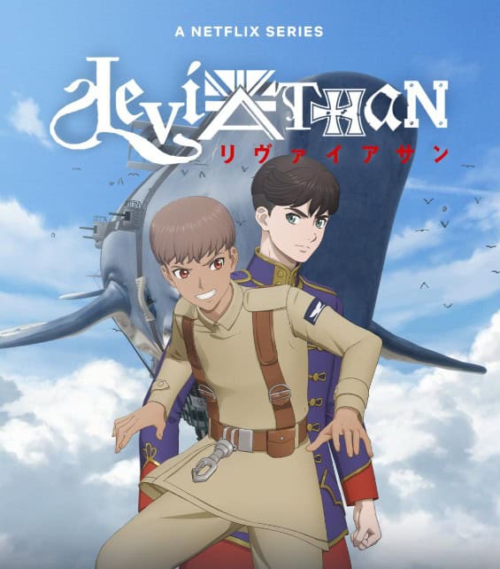 Two anime characters stand in front of a large airship, from the Netflix series Leviathan.