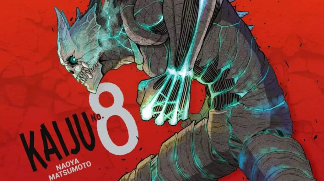 A large, monstrous Kaiju creature and the number 8 on its shoulder from the Kaiju No. 8 anime.