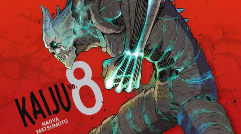 A large, monstrous Kaiju creature and the number 8 on its shoulder from the Kaiju No. 8 anime.