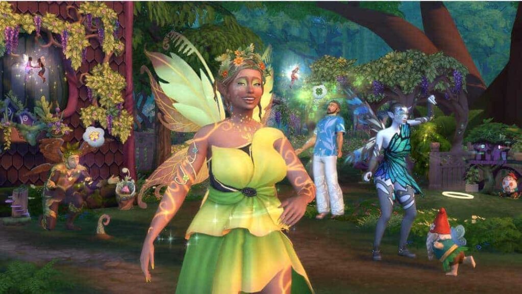 Sims 4 fairies in a glowing forest world, with sparkling wings, magical outfits, and whimsical creatures. Image courtesy of GamingTrend.