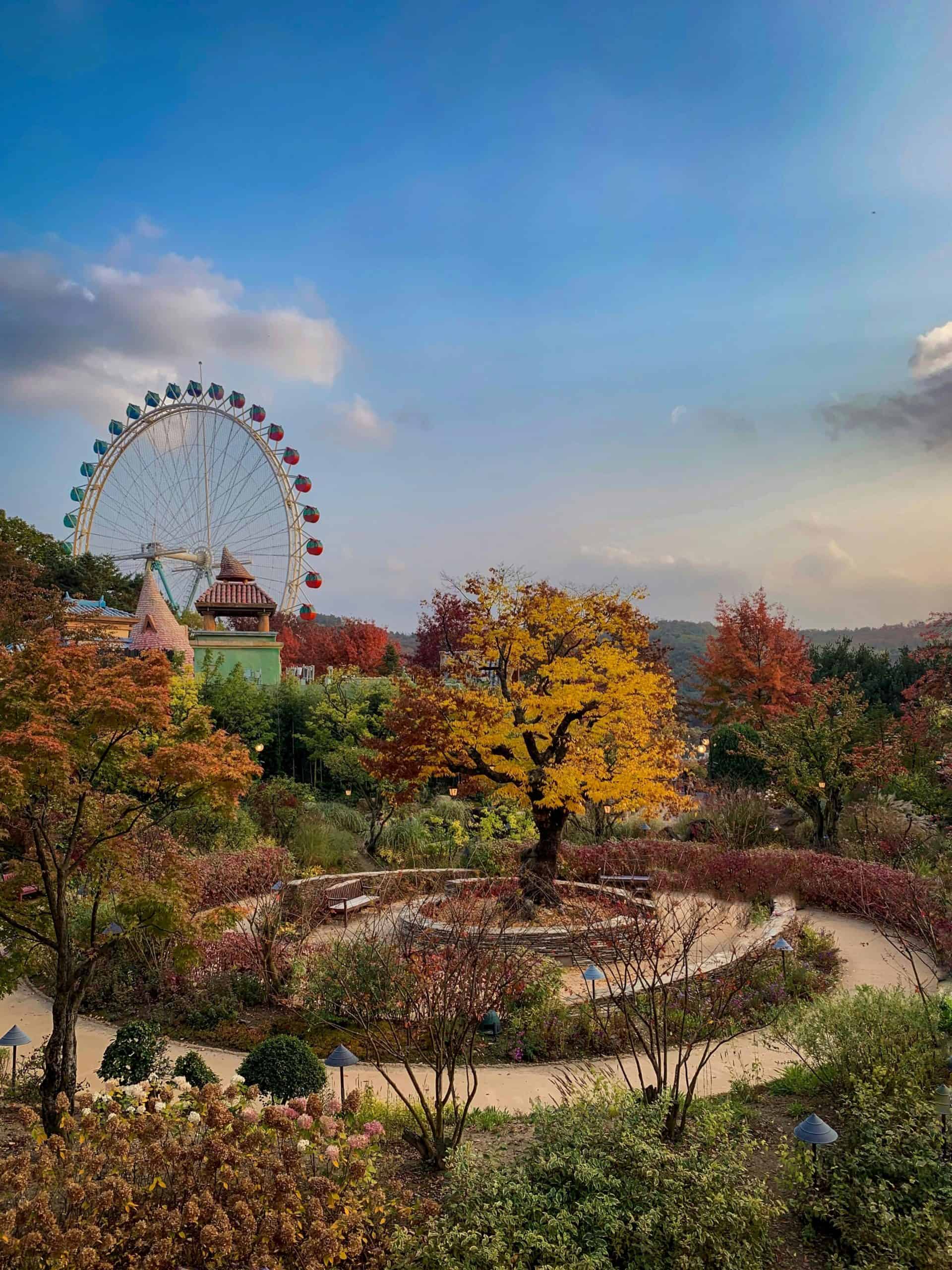 A Ferris wheel and colorful fall foliage can be seen in the distance at Everland theme park in South Korea, a perfect getaway for non-thrill-seekers.