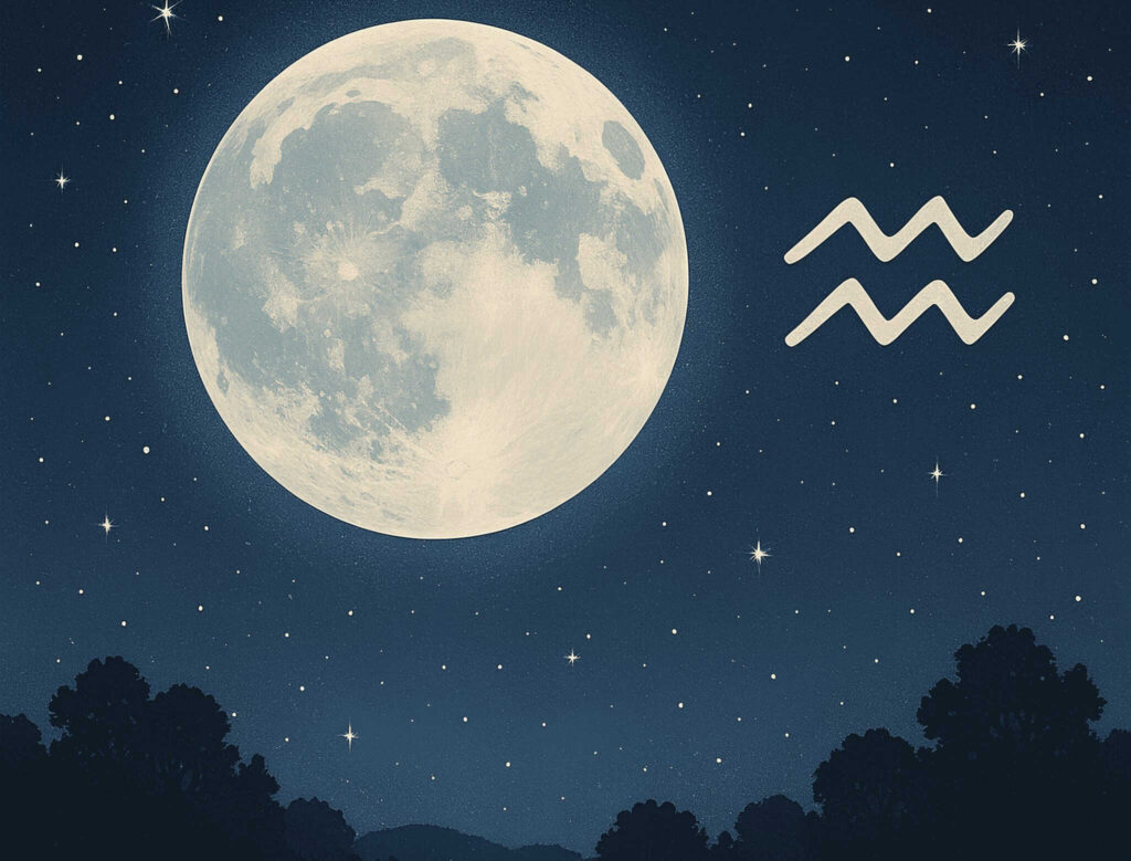 generated image of a full moon with the Aquarius zodiac symbol. Symbolizing the Aquarius Full Moon, zodiac,