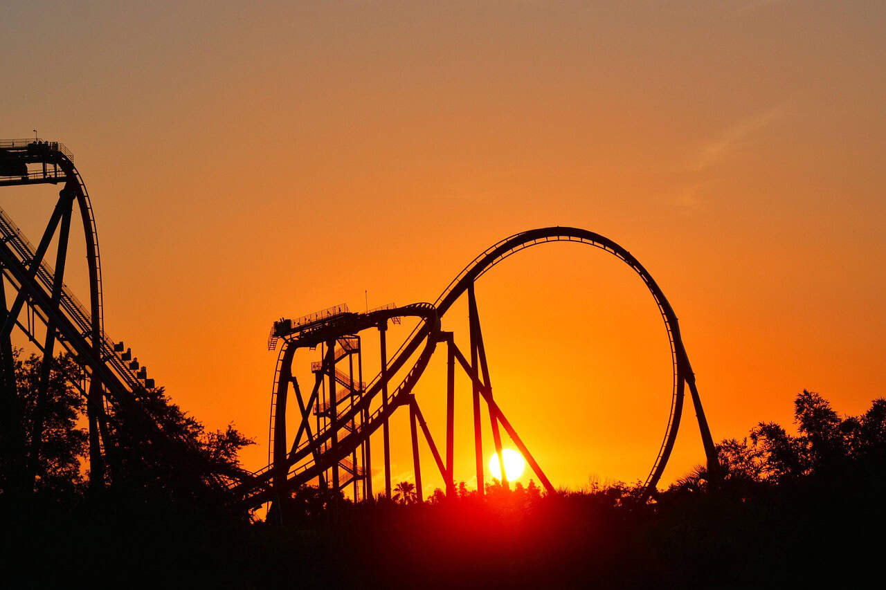 park, sunset, roller coaster, tourism, sunlight, nature, landscape, summer, light, evening, golden